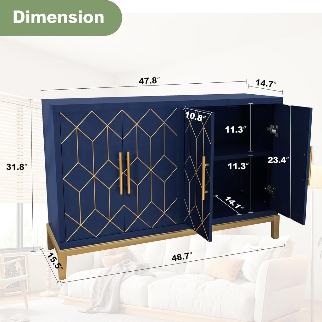 48" Accent Cabinet with 4 Doors and Shelves, Modern Credenza Storage Cabinet with Gold Trim