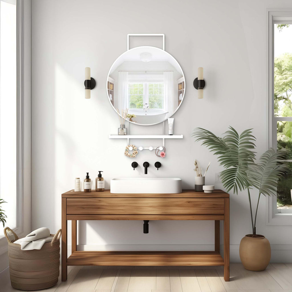Wall Mirror with Shelf and Hooks, Vertical Mount, 32x22 Inch White