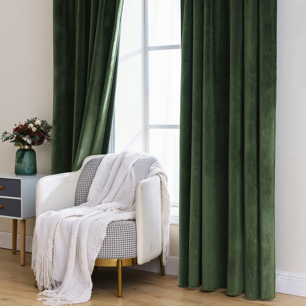 Velvet Curtains 52x84 inches 2 Panels Olive Green Blackout Curtains
