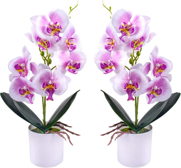 Artificial Orchid Flowers, Potted Orchid Flowers with Plastic Vase for Table Centerpiece Home Decor Office - Set of 2