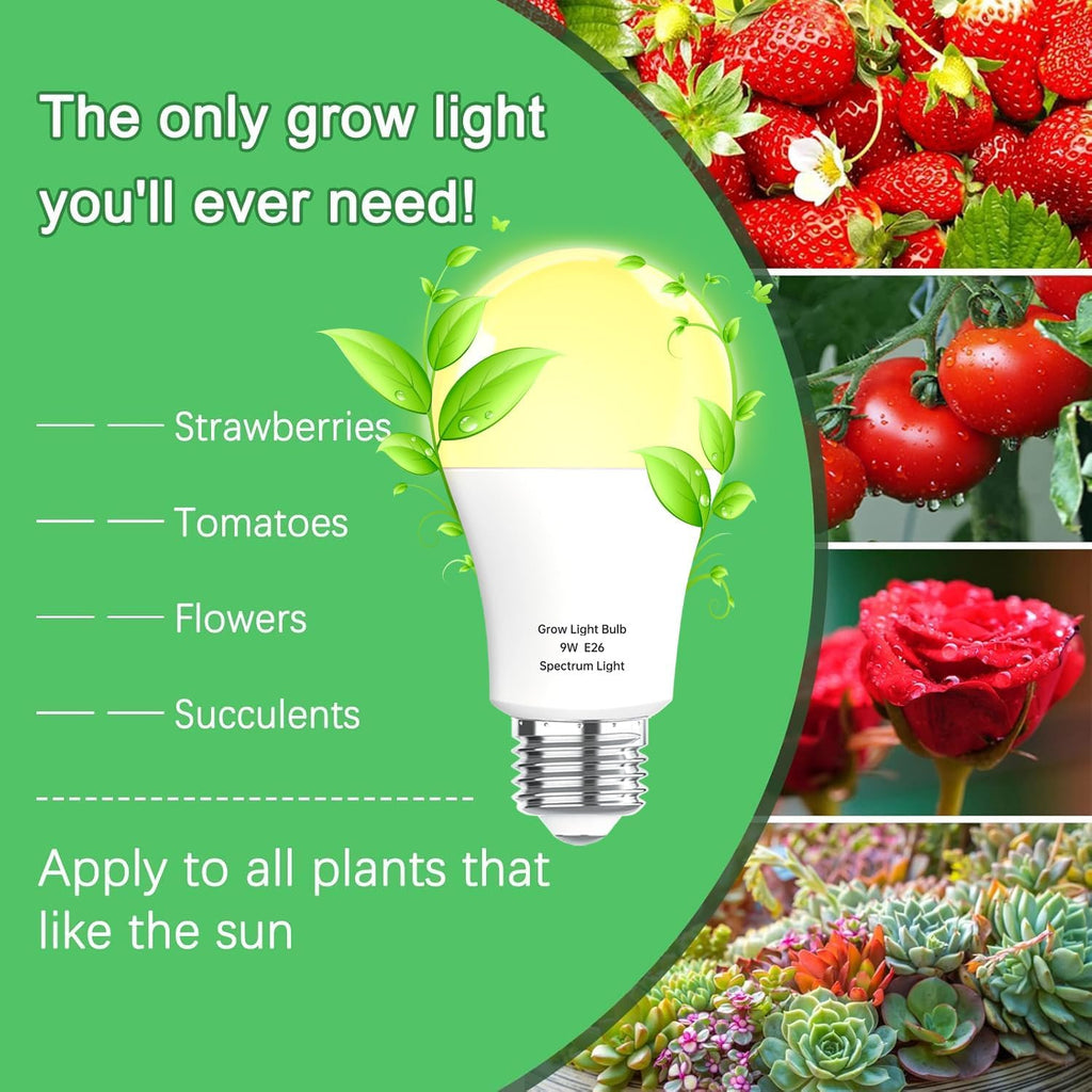 3 Pack Full Spectrum Grow Light Bulbs,A19 Grow Lights for Indoor Plants,Dimmable E26 9W Grow Bulb Replace up to