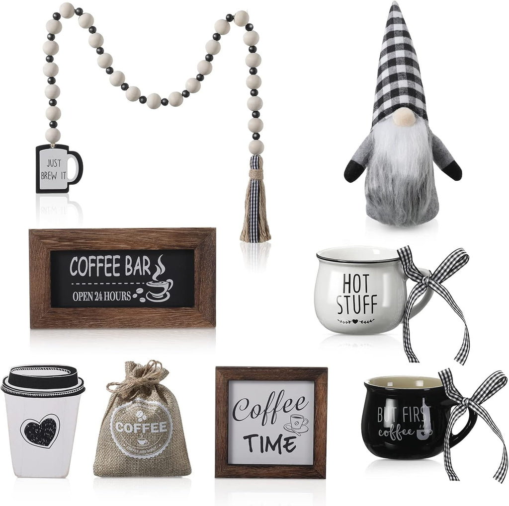 Coffee Bar Decor Set, Farmhouse Tiered Tray Decor Accessories, Rustic Coffee Station Tabletop Wooden Signs - Set of 8