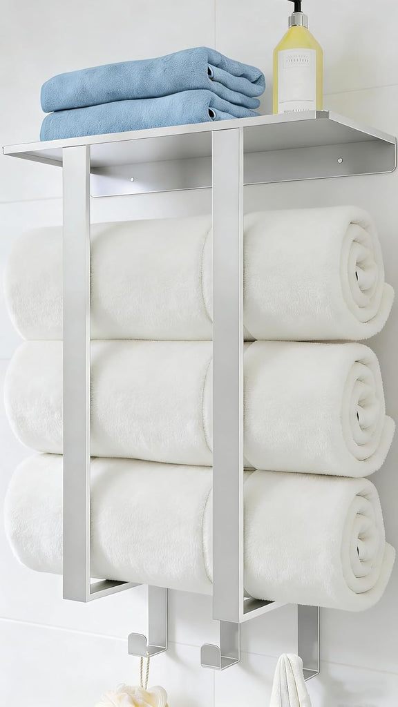 Towel Rack Wall Mounted with 3 Hooks , Brushed | Stainless Steel Towel Storage for Small Bathroom, for Rolled Bath