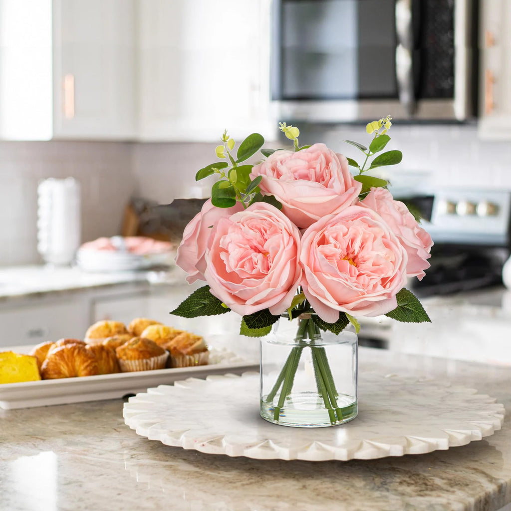 Real Touch Peonies Artificial Flowers Arrangements in Vase Pink Fake Peonies with Glass Vase Silk David Austin Roses
