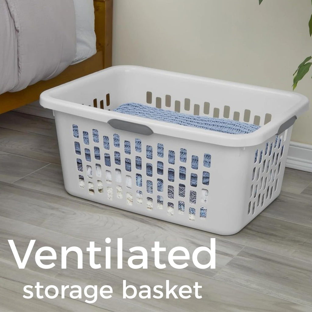 Large Plastic Laundry Basket, 70L, White, Ventilated, with Grip Handles, Rectangular Cloths Hamper