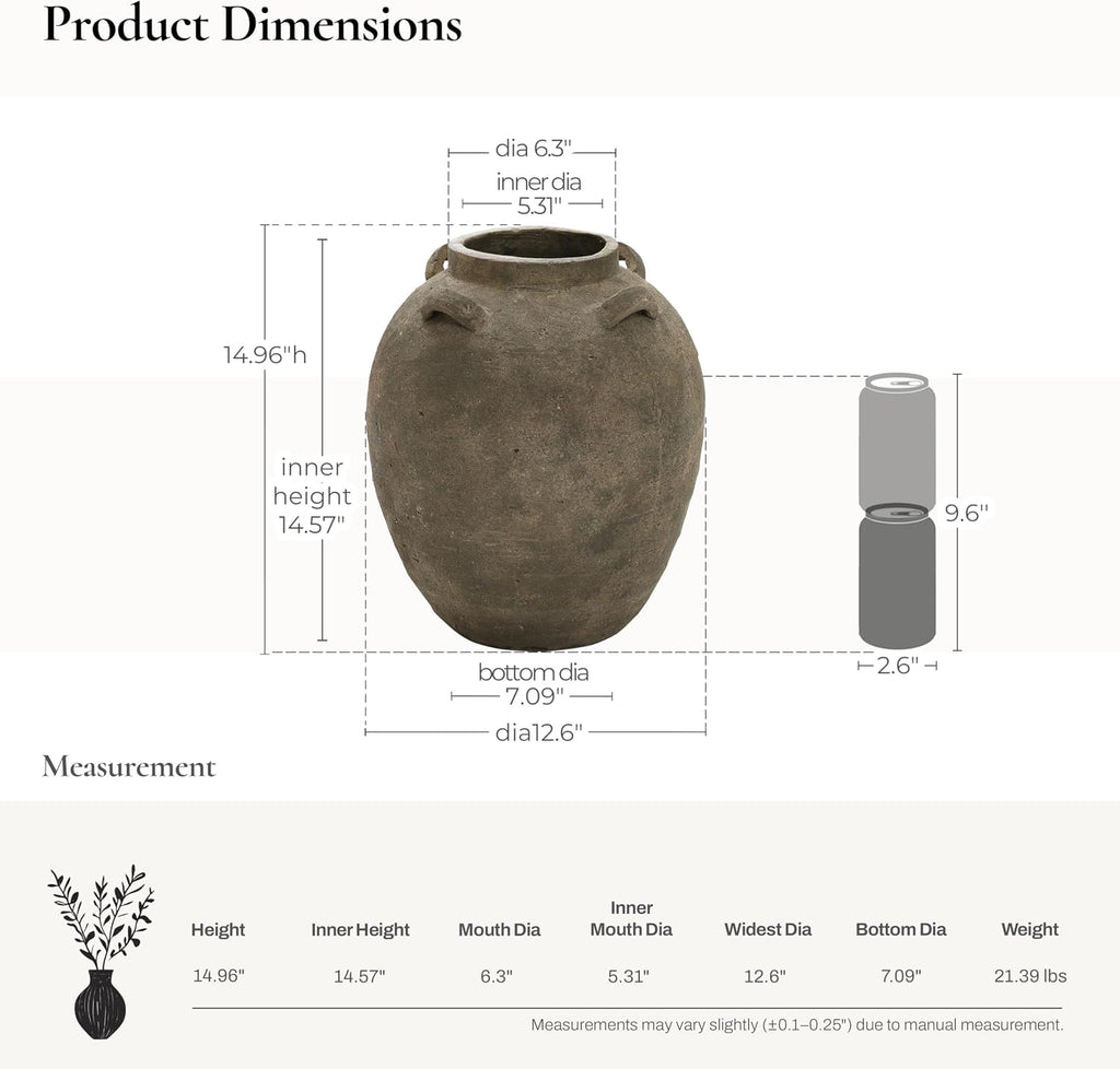 LuxenHome Rustic Ceramic Flower Vase,15 Inch Tall Brown Terracotta Vases | Terracotta Cauldron Vase Decor, Large
