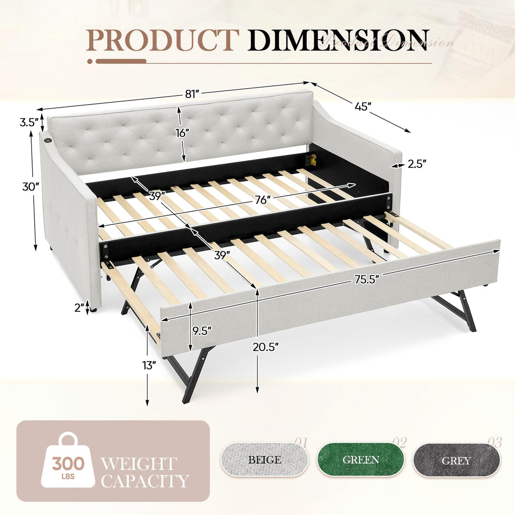 Daybed with Pop up Trundle, Fabric Upholstered Twin Size Day Bed Pull-Point Sofa Daybed Frame w/Twin Roll-Out