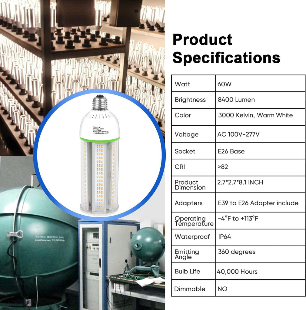 60W LED Corn Cob Bulb, 600W Equivalent, 8400 Lumens, 3000K Warm White, E26/E39 Base, Replace 250W Metal