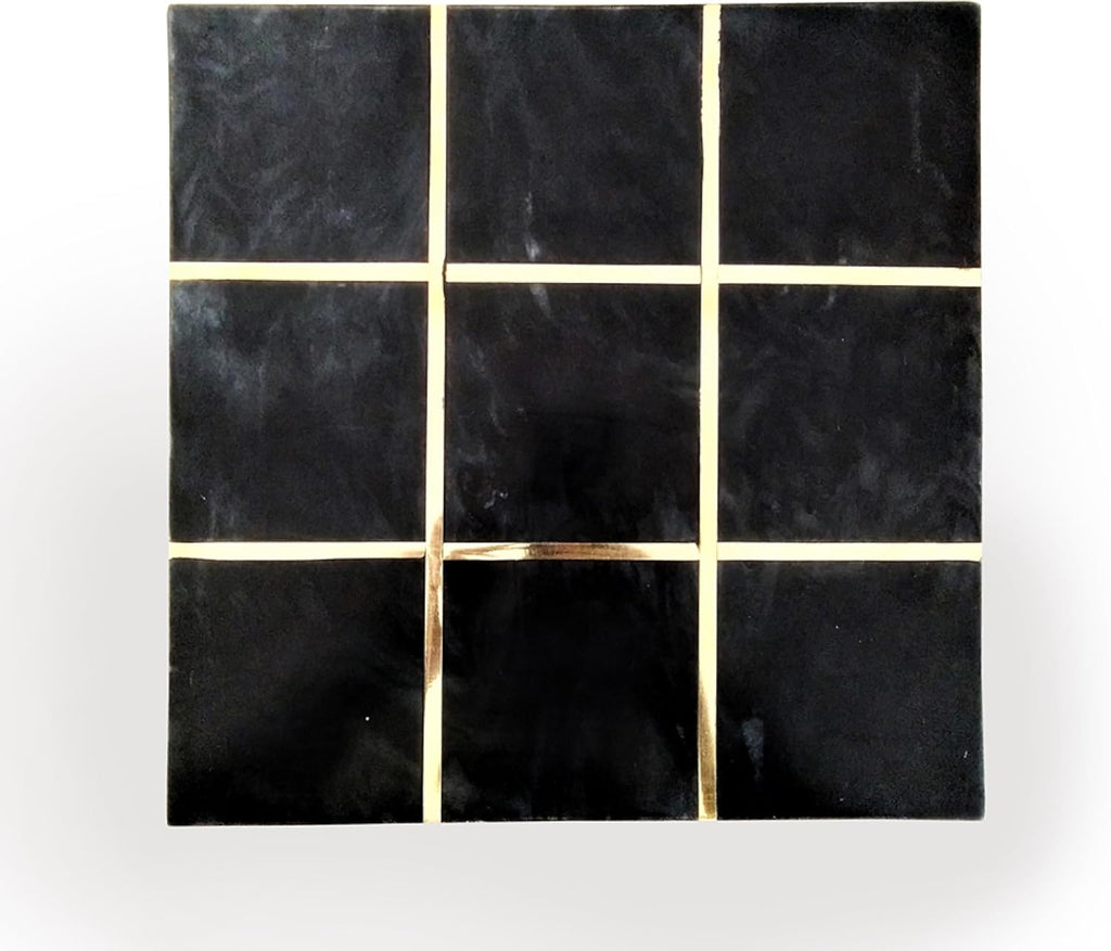 Leza Tic Tac Toe Game Set, Black Marble with Gold Inlay, 12 Inch