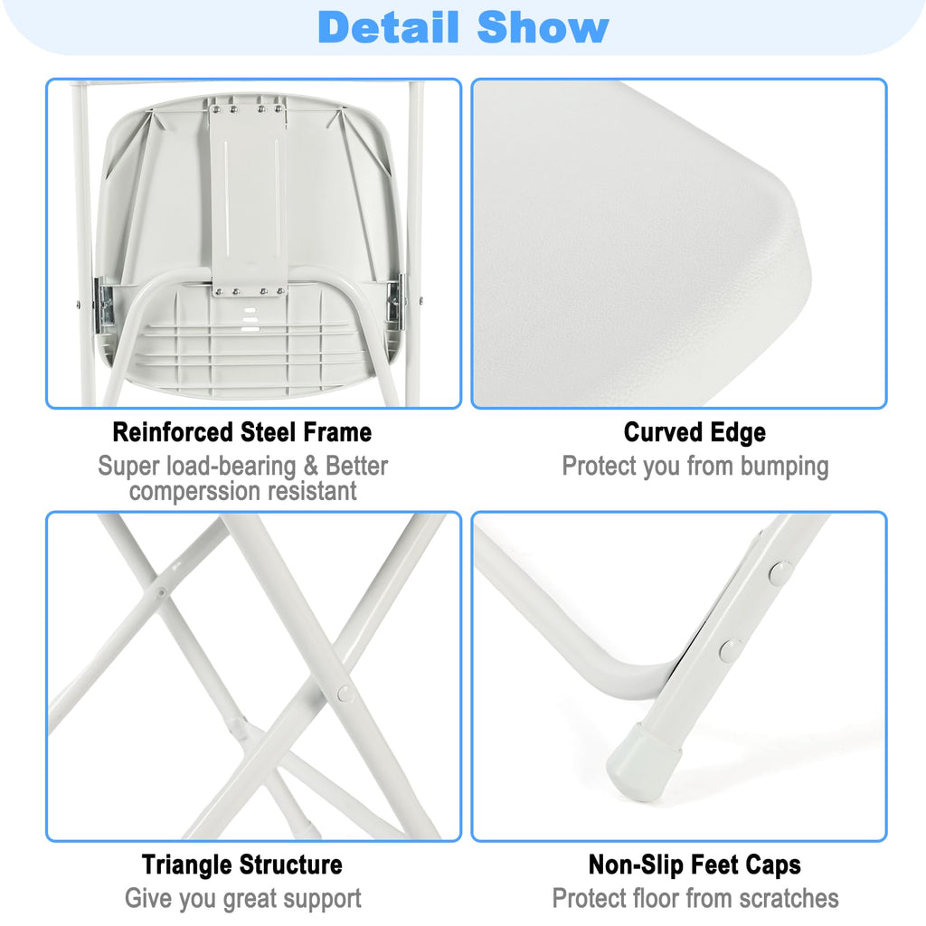 White Folding Chairs 12 Pack, Plastic Folding Chair for Outside, Indoor Outdoor Portable Commercial Seat with Steel