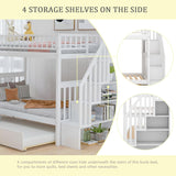 Twin Over Twin Bunk Bed with Trundle, Storage Staircase and Full Length Guardrail, Solid Wood Stairway Bunk Bed