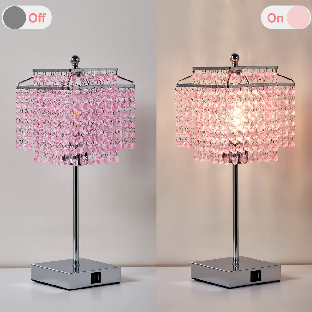 Crystal Touch Table Lamp, Bedside Lamp with USB C+A Ports, Pink Lamp
