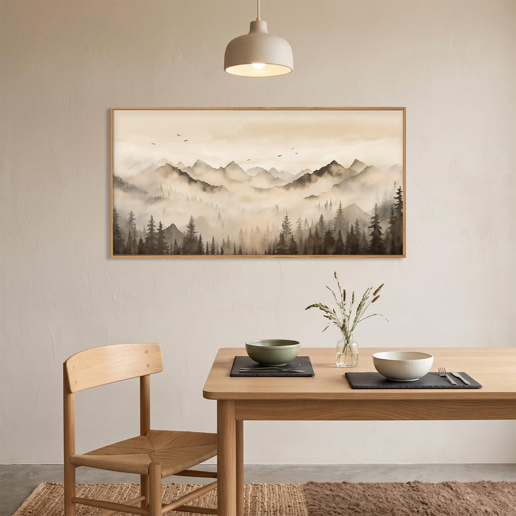 Neutral Misty Mountain Forest Framed Canvas Wall Art Set,Nature Foggy Pine Tree Landscape Wall Decor,Watercolor Beige
