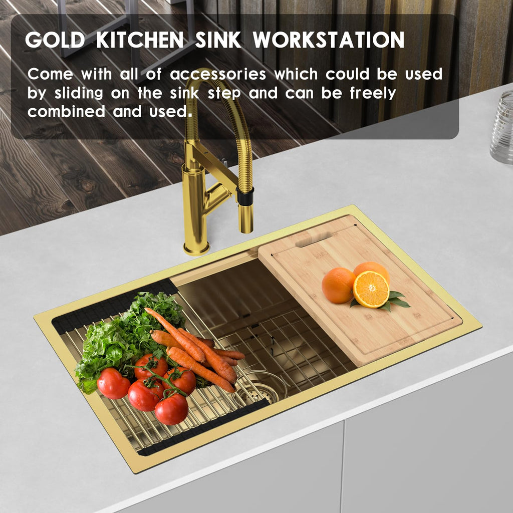 Gold 30x18 Stainless Steel Kitchen Sink Workstation, Undermount, Single Bowl