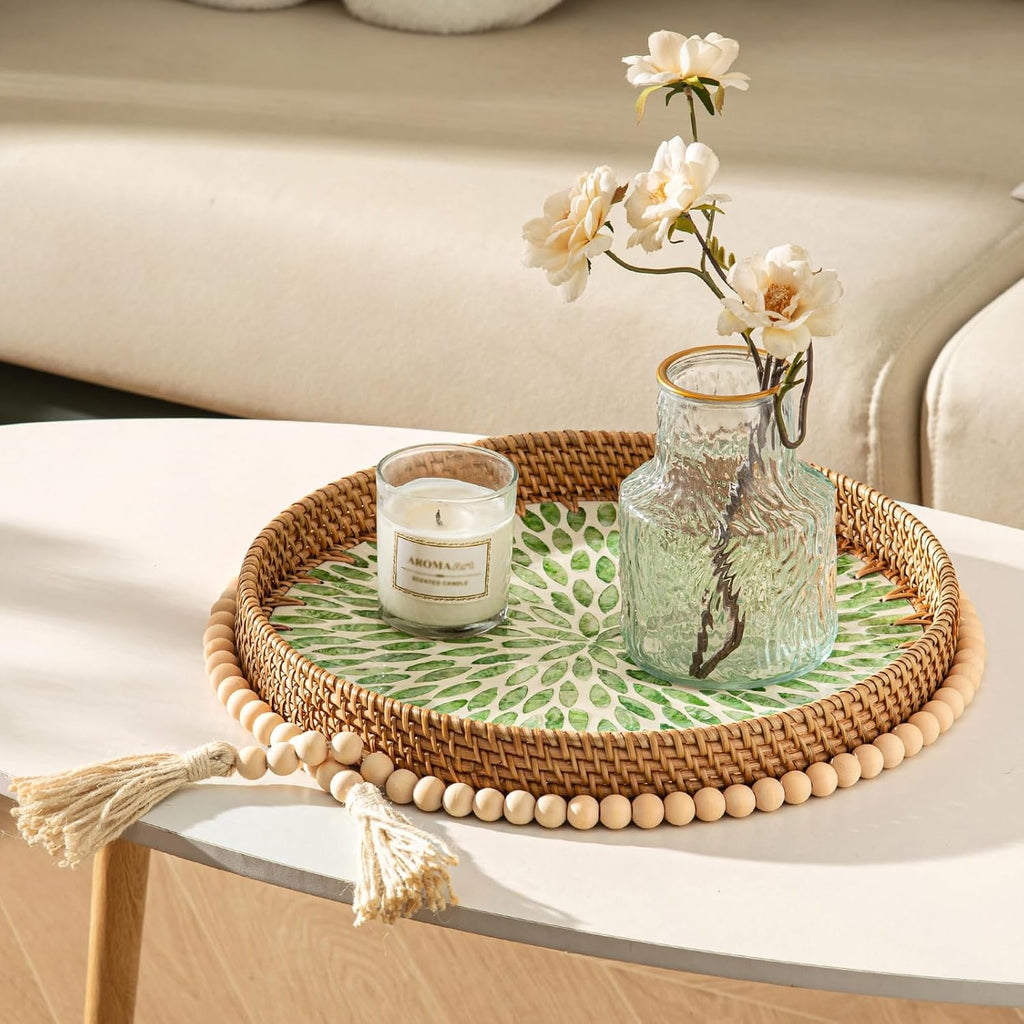 14 inch Round Rattan Tray Home Decor, Wicker Serving Tray with Mother of Pearl Inlay, Boho Decorative Tray for Coffee