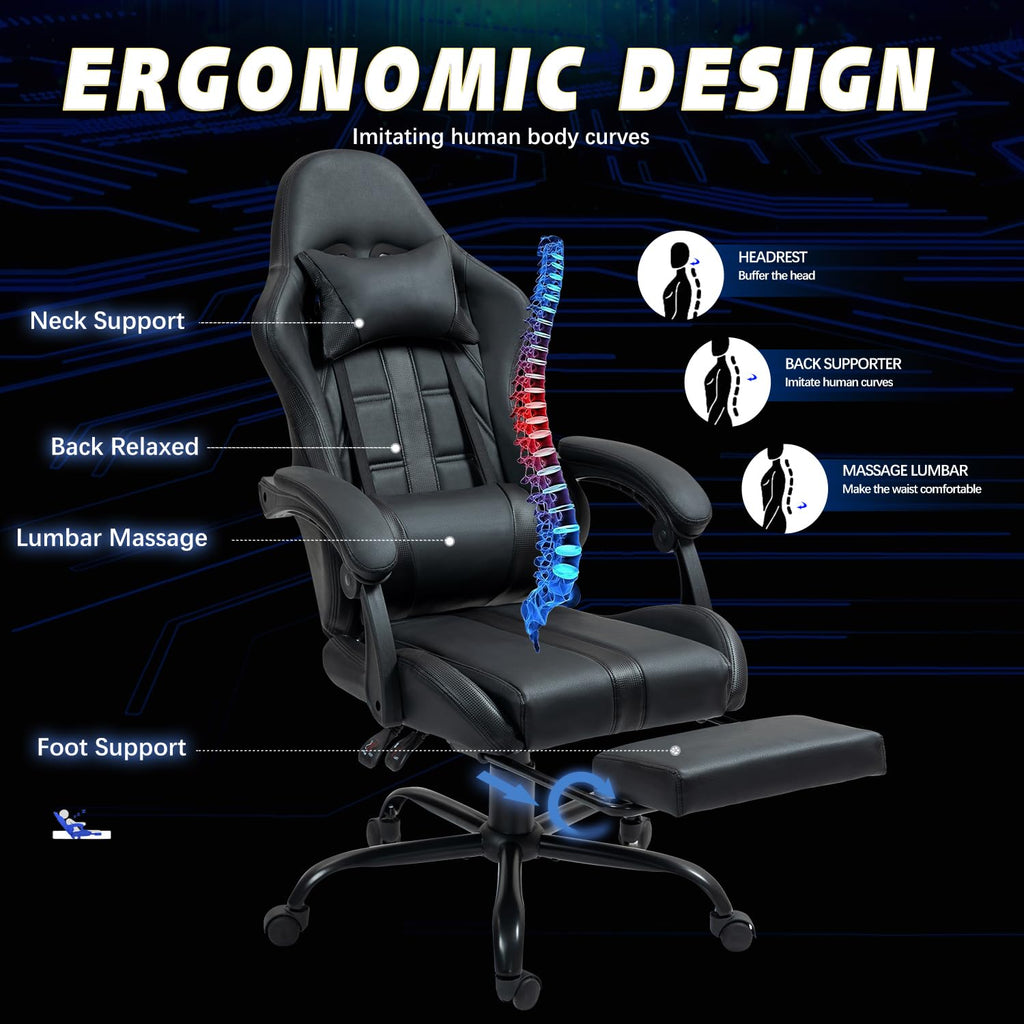 Gaming Chair with Footrest & Massage Lumbar Support, Black