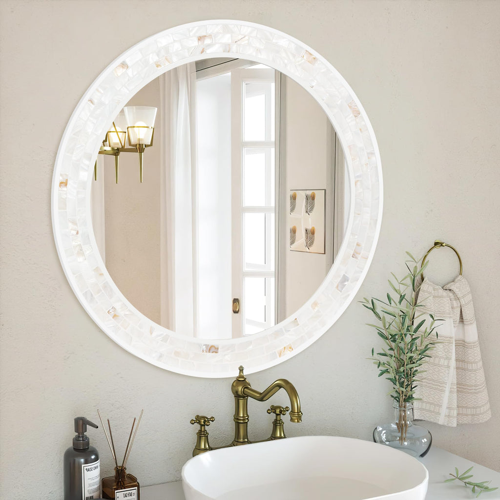 24 Inch Round Bathroom Mirror, Coastal Shell Framed Wall Decor