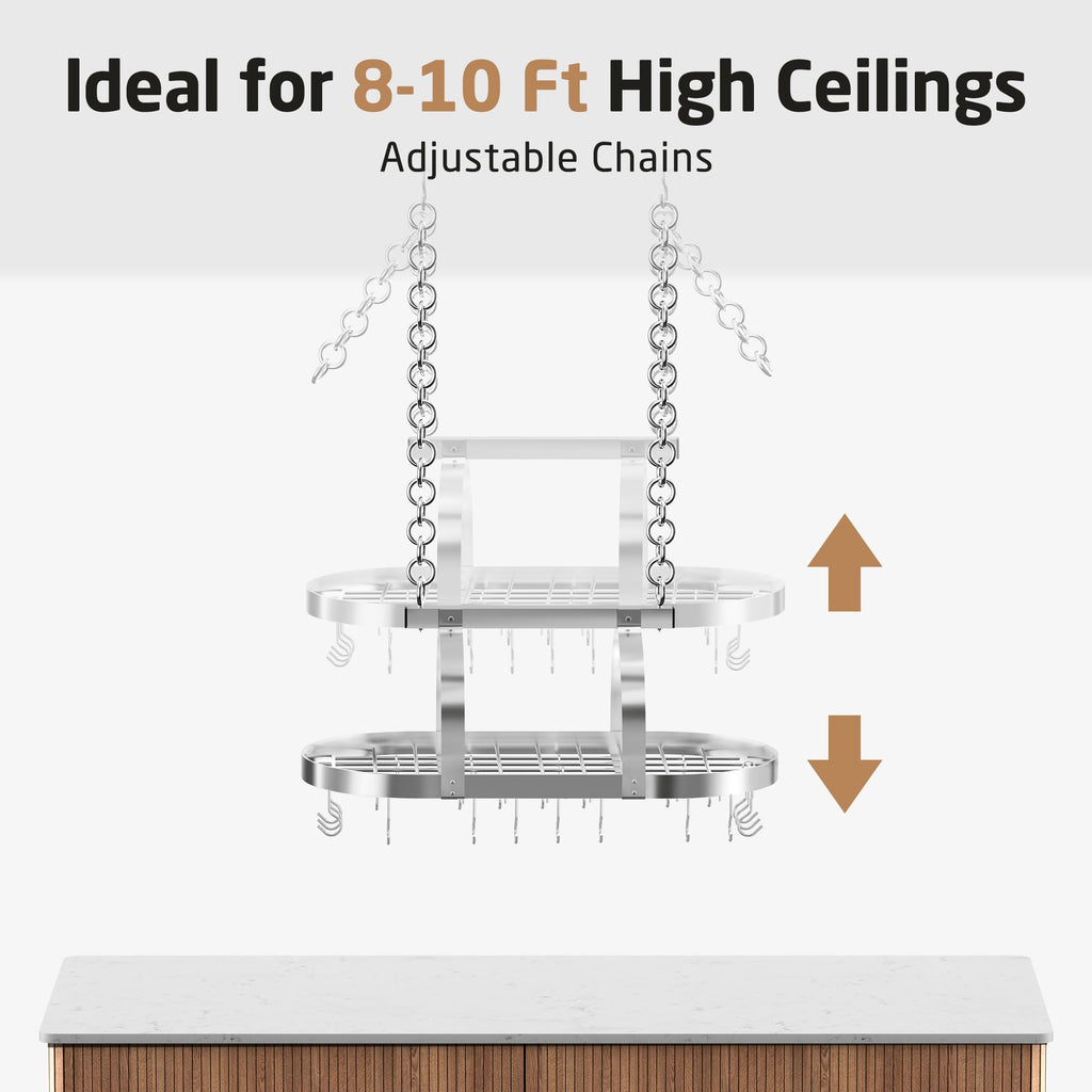 34 Inch Heavy Duty Chrome Hanging Pot Rack Ceiling Mount, Oval Pot and Pan Hanging Rack, Pan Hanger Storage Organizer