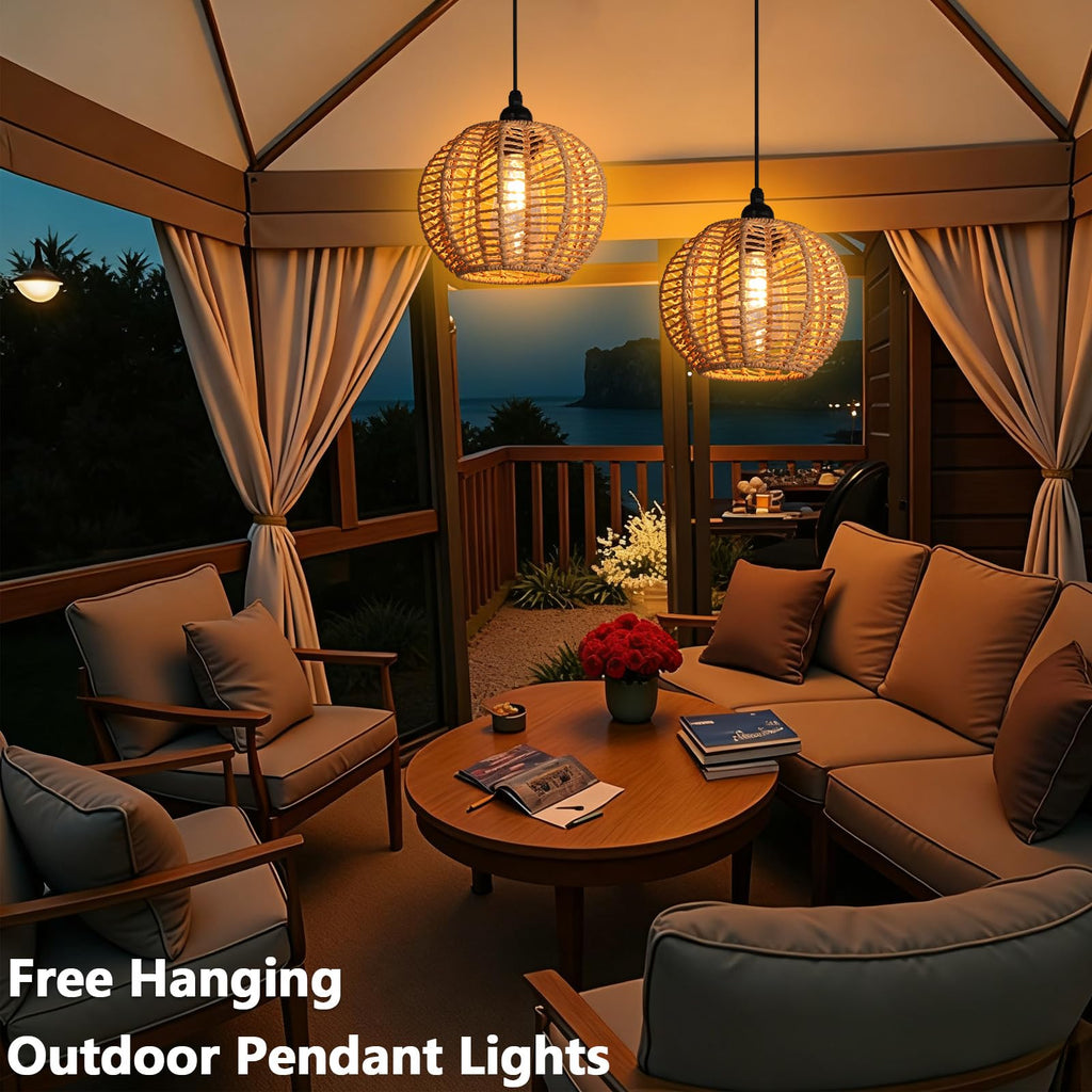 Battery Operated Chandelier, 2Pack Hanging Gazebo Lights, Cactus Shape Boho Rattan Pendant Lights Outdoor Waterproof