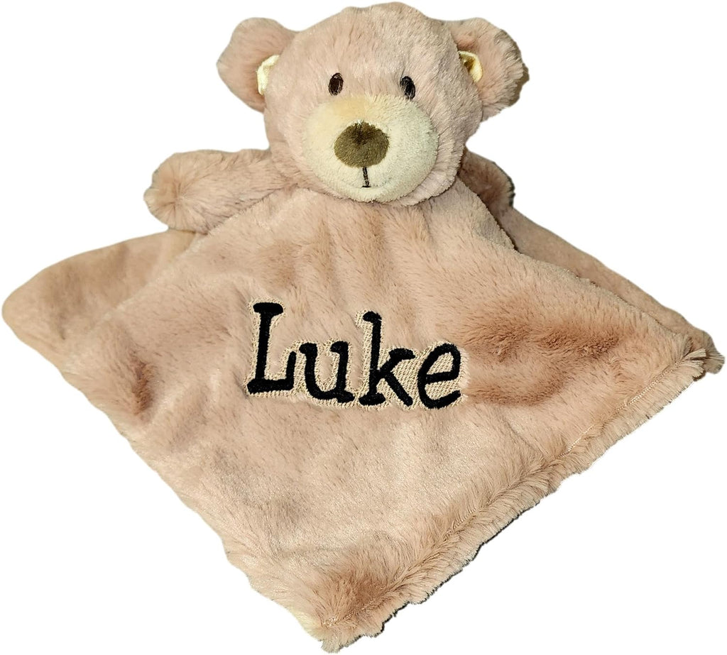 Custom Personalized Teddy Bear Lovie Lovey Security Blanket with Rattle (Brown Bear with Embroidery Name)