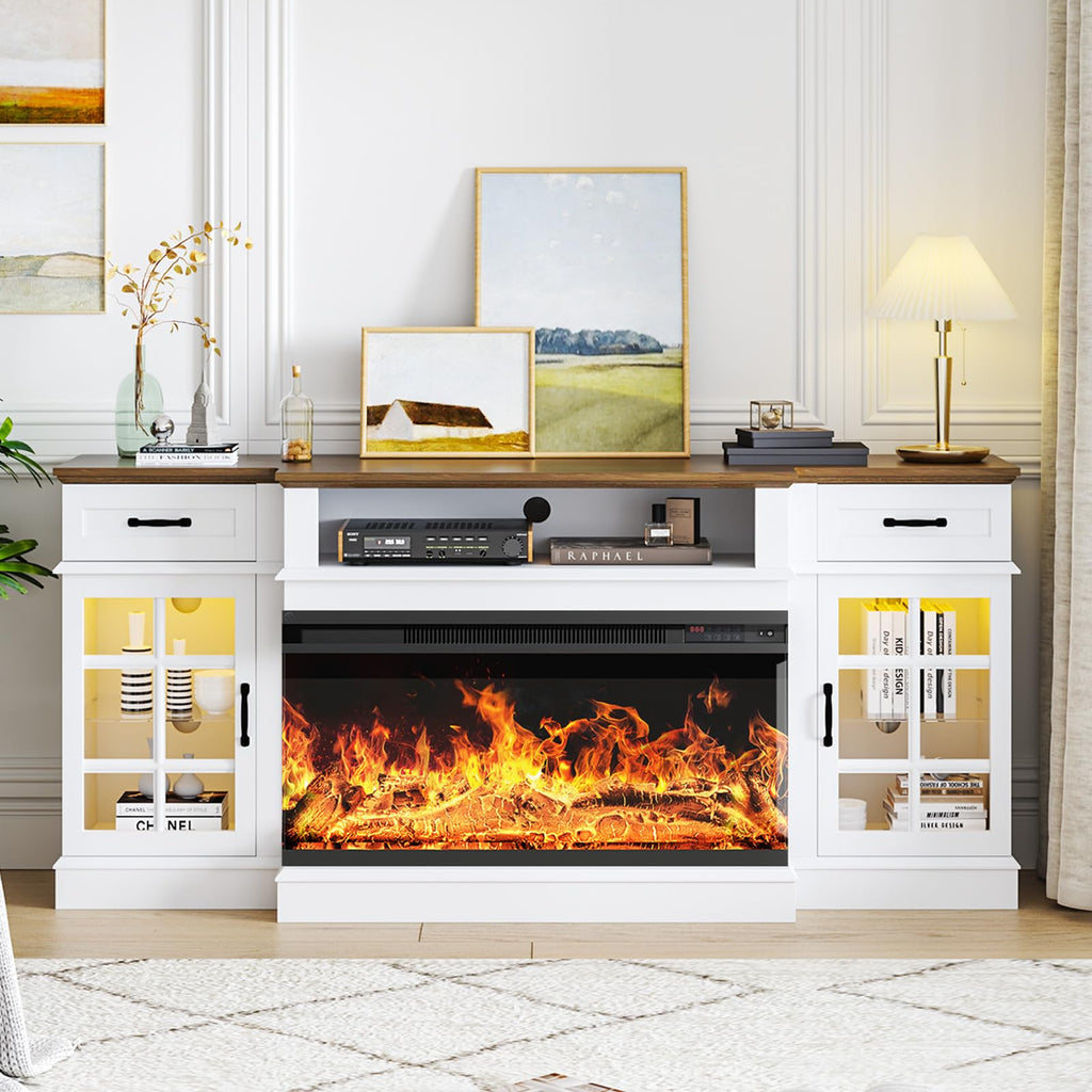 70" with 3-Sided Glass Fireplace, Modern Wood Entertainment Center with LED Lights and Glass Door, 36" Fire Place TV