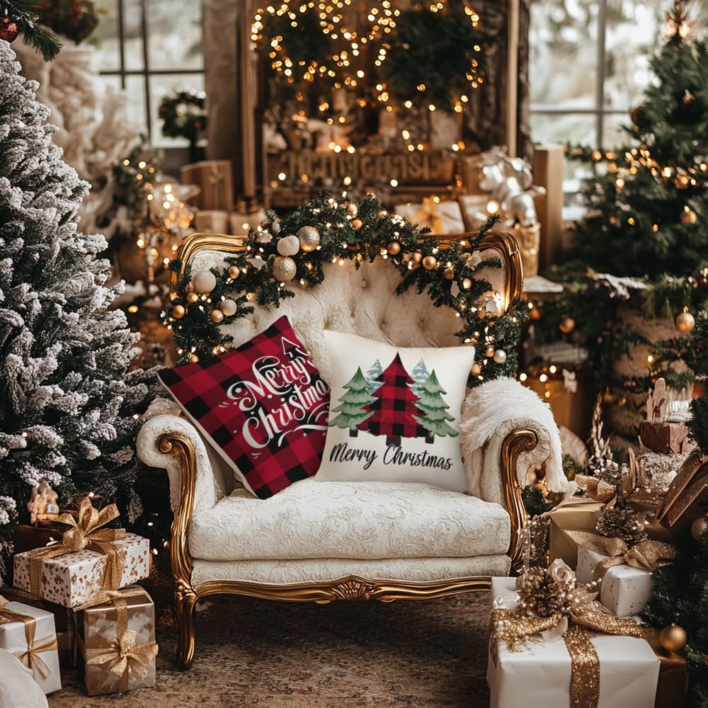 Merry Christmas Throw Pillow Covers 16x16 Inch Set of 4, Xmas Trees Truck Buffalo Plaid Believe Farmhouse Decorative