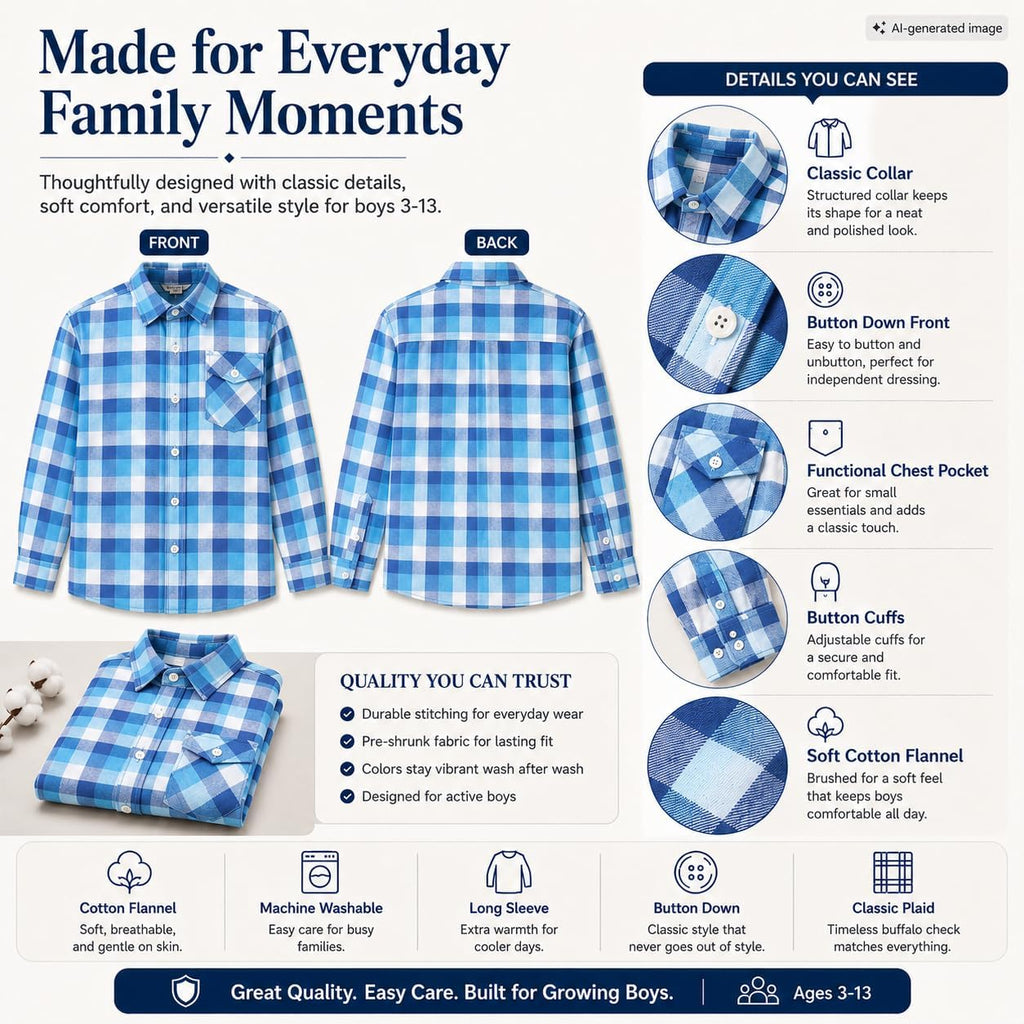 Boys Plaid Flannel Shirt: Long Sleeve Button Up