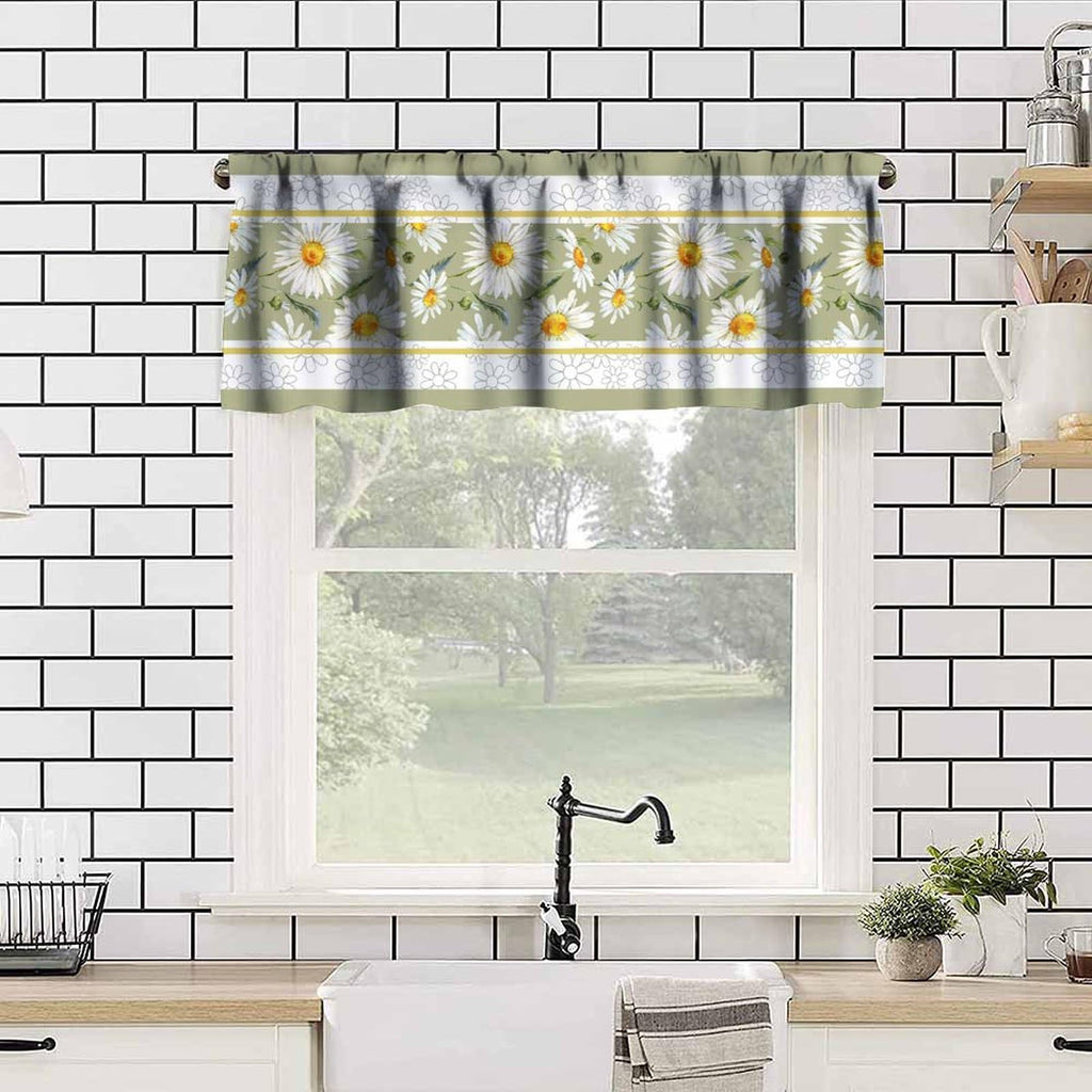 Daisy Flower Window Valance, Summer Watercolor Plants Floral Spring Garden Print Blackout Short Curtain Treatment for