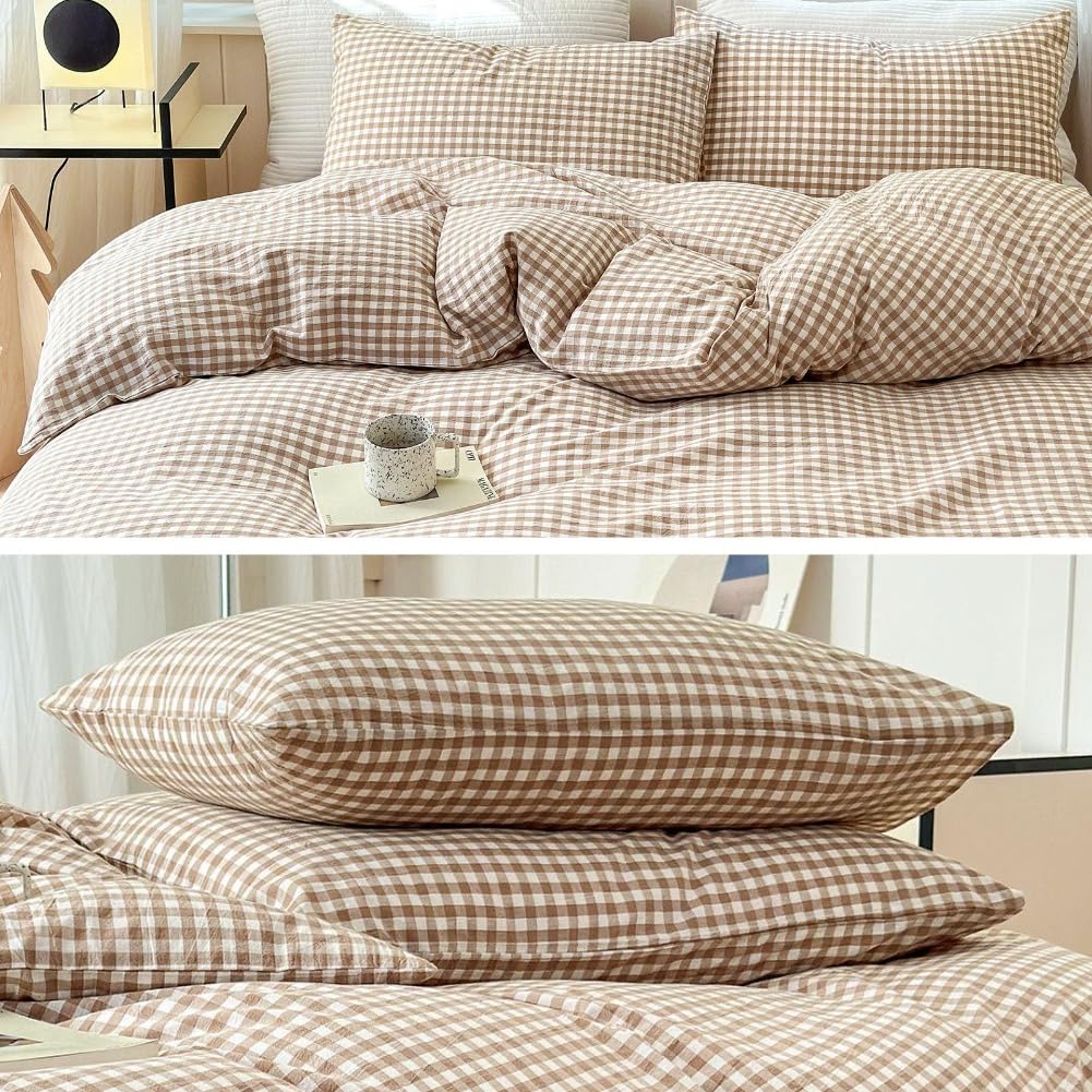 Tan Gingham Pillowcases Set Farmhouse Standard Size Pillow Shams Buffalo Taupe Plaid Pillowcases Set of 2, Grid