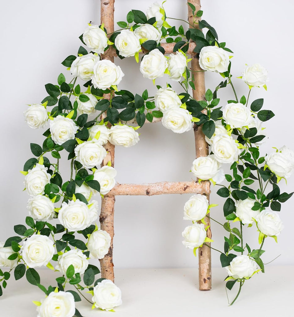 12Ft Bendable Flower Garland Faux Rose Vine for Wedding Decor,White - Set of 2