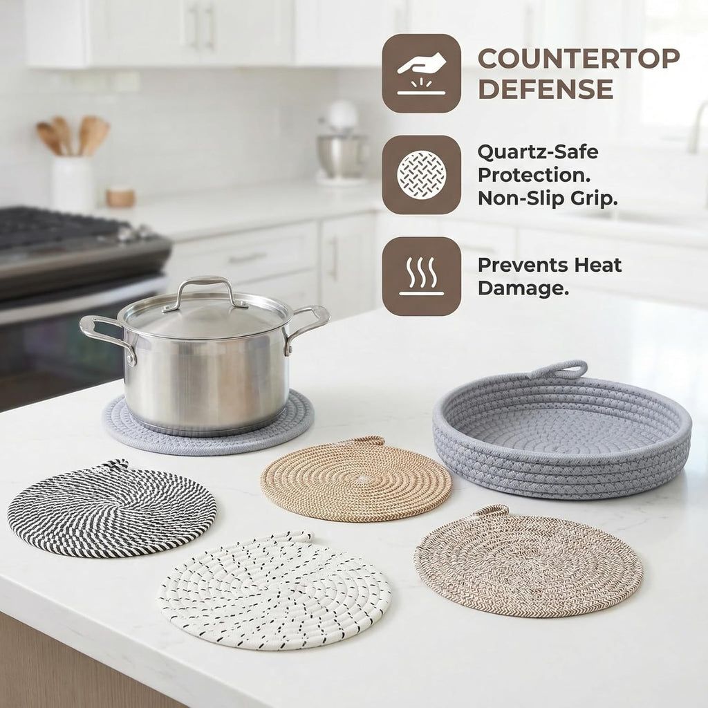 Inch Cotton Trivets for Quartz Countertops with Storage Basket - Thick Woven Hot Pads for Large Pots - Set of 5