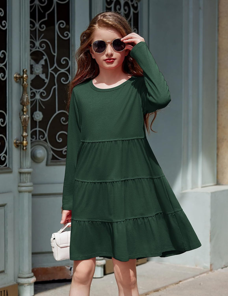 Girl Long Sleeve Dress Tiered Ruffle Swing Tunic Shirt Dress