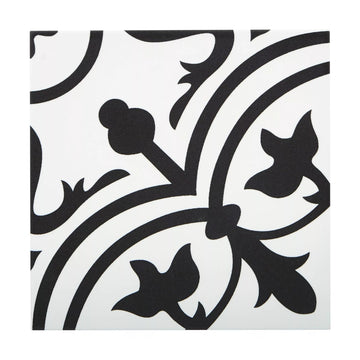 Noir Vine 8" x 8" Black and White Matte Porcelain Tile for Floor and Wall, Spanish Decorative Pattern, Indoor Outdoor