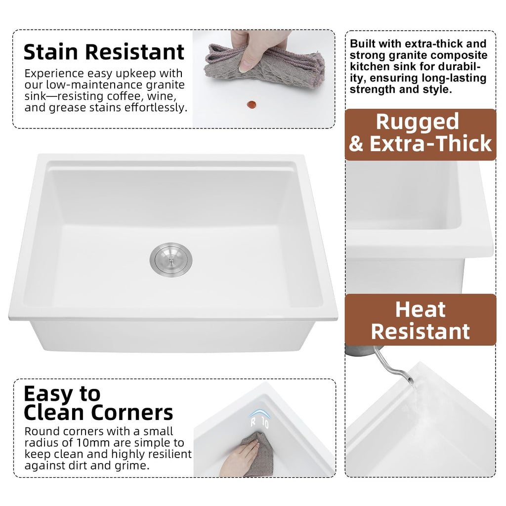 27 Inch White Undermount Granite Kitchen Sink Workstation