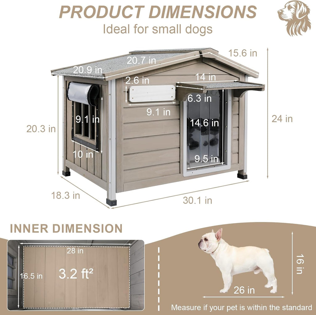 Outdoor Dog House with Chew-Proof Iron Frame, Wooden Dog Kennel Weatherproof, Removable Floor, Adjustable Vent Window