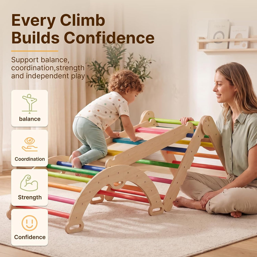 Pikler Triangle Set, Wooden Montessori Climbing Toys for 1-3 Year Old, Foldable in-1 Toddler Baby Indoor Play Gym
