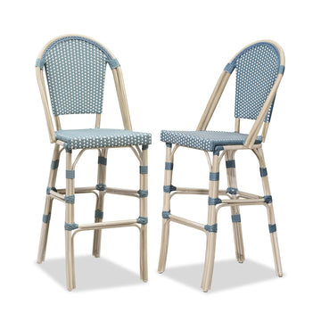 Bar Stools 30" Set of 2 French Rattan Aluminum, Light Blue