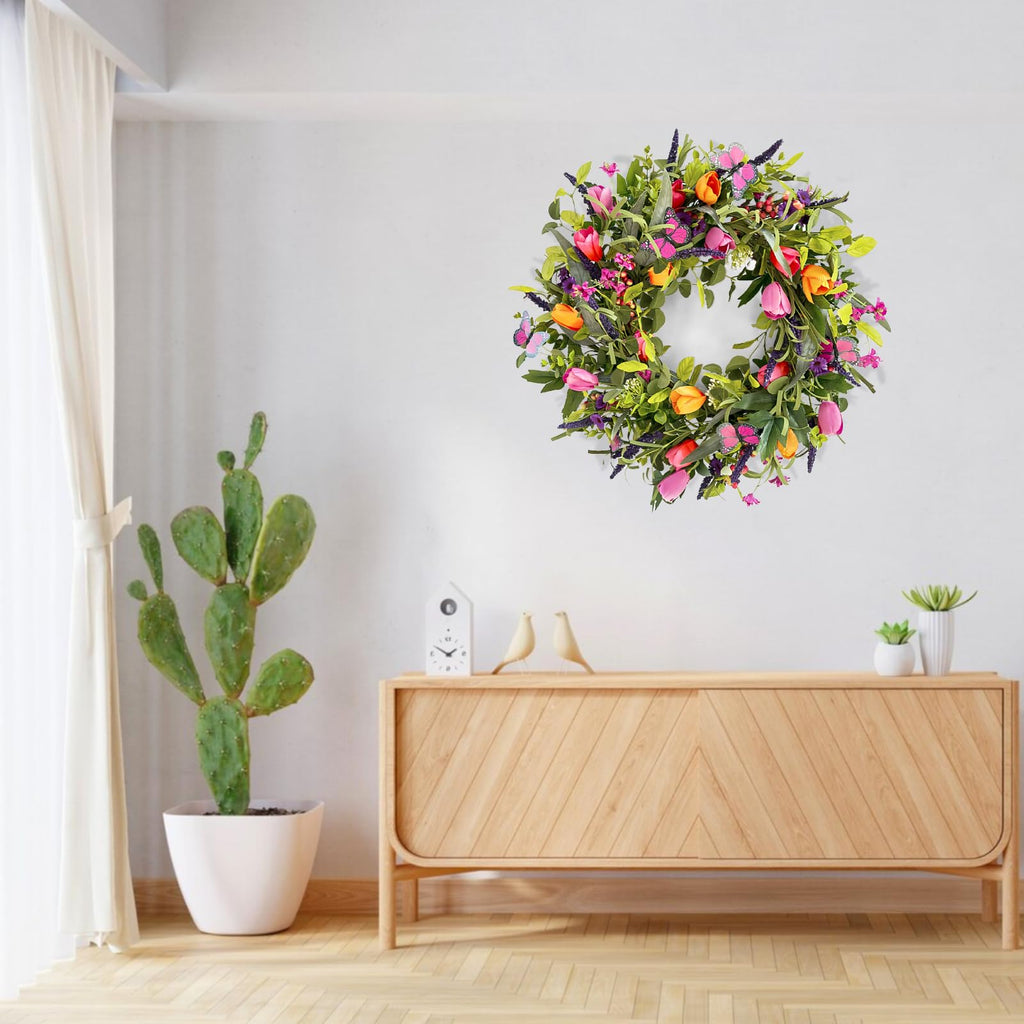 24" Wreaths for Front Door, Wreath with Tulip Wreath, Butterfly, Lavender and Eucalyptus, Vivid Artificial Floral for