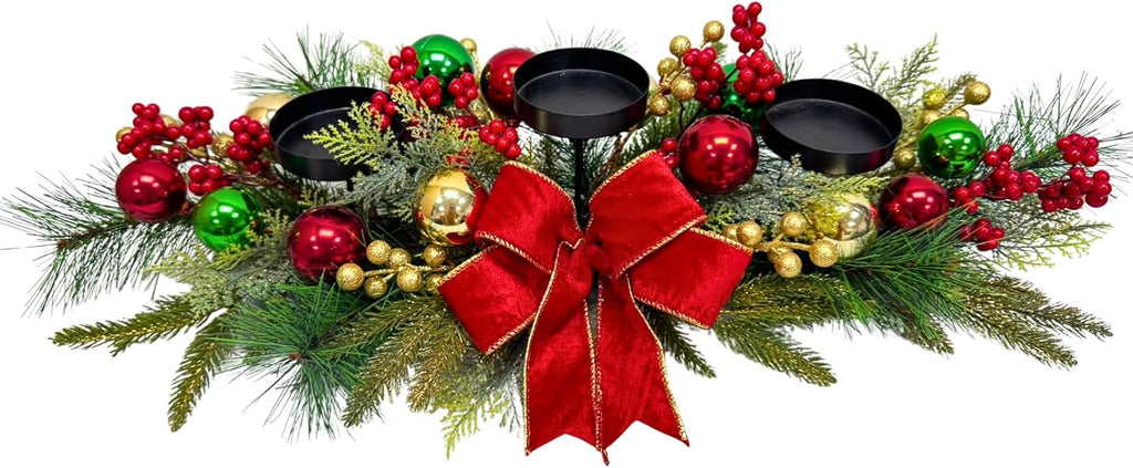 26 Inch Christmas 3 Candle Centerpiece with Red Bow and Ornaments