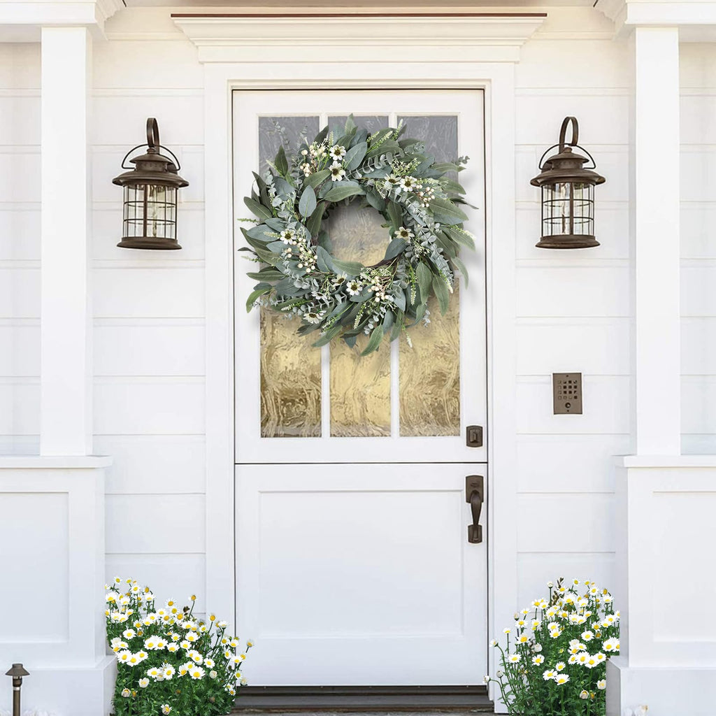 26 Inches Large Eucalyptus Spring Wreaths for Front Door, Artificial Greenery Summer Wreath with Berries White Flower