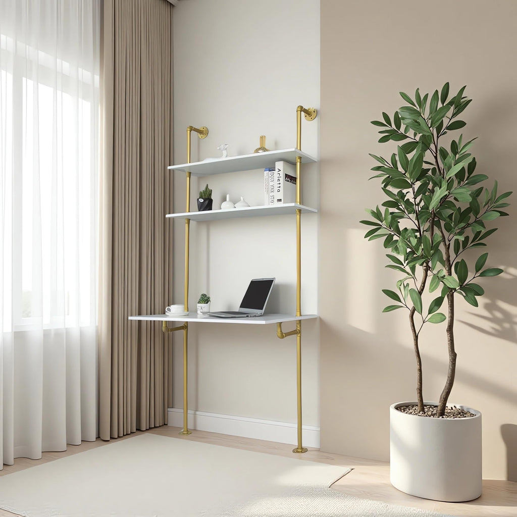 White and Gold Desk, 36" Ladder Desk, Wall Mount Computer Writing Table Pipe Shelf Shelving Mini Narrow Industrial
