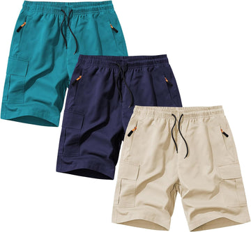 Boys Cargo Shorts Athletic Quick Dry with Zipper Pockets, 3 Pack
