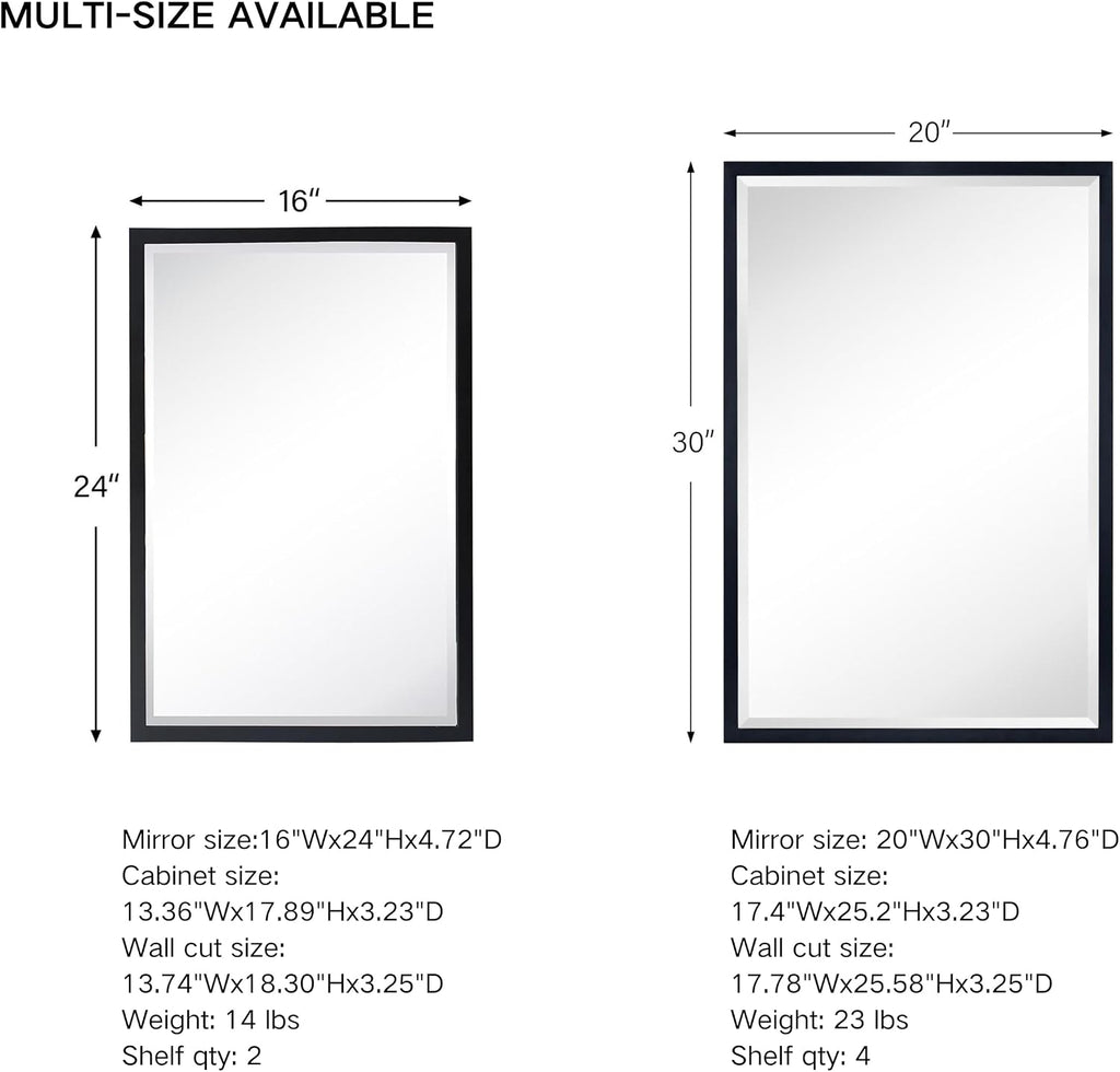 Black Metal Framed Recessed Bathroom Medicine Cabinet with Mirror Rectangle Beveled Vanity Mirrors for Wall 16 x 24