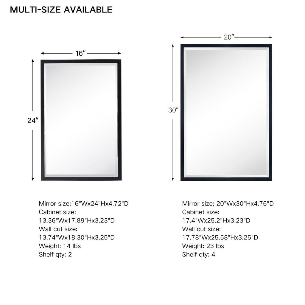 Black Recessed Bathroom Medicine Cabinet with Mirror Squared Corner Rectangle Metal Framed Medicine Cabinet with