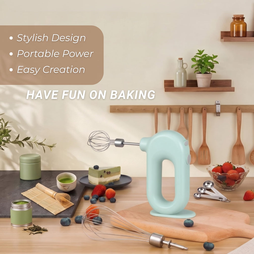 Colorful Mini Cordless Hand Mixer, Self-Standing USB Rechargeable Handheld Egg Beater with 4 Speeds & 2 Whisks