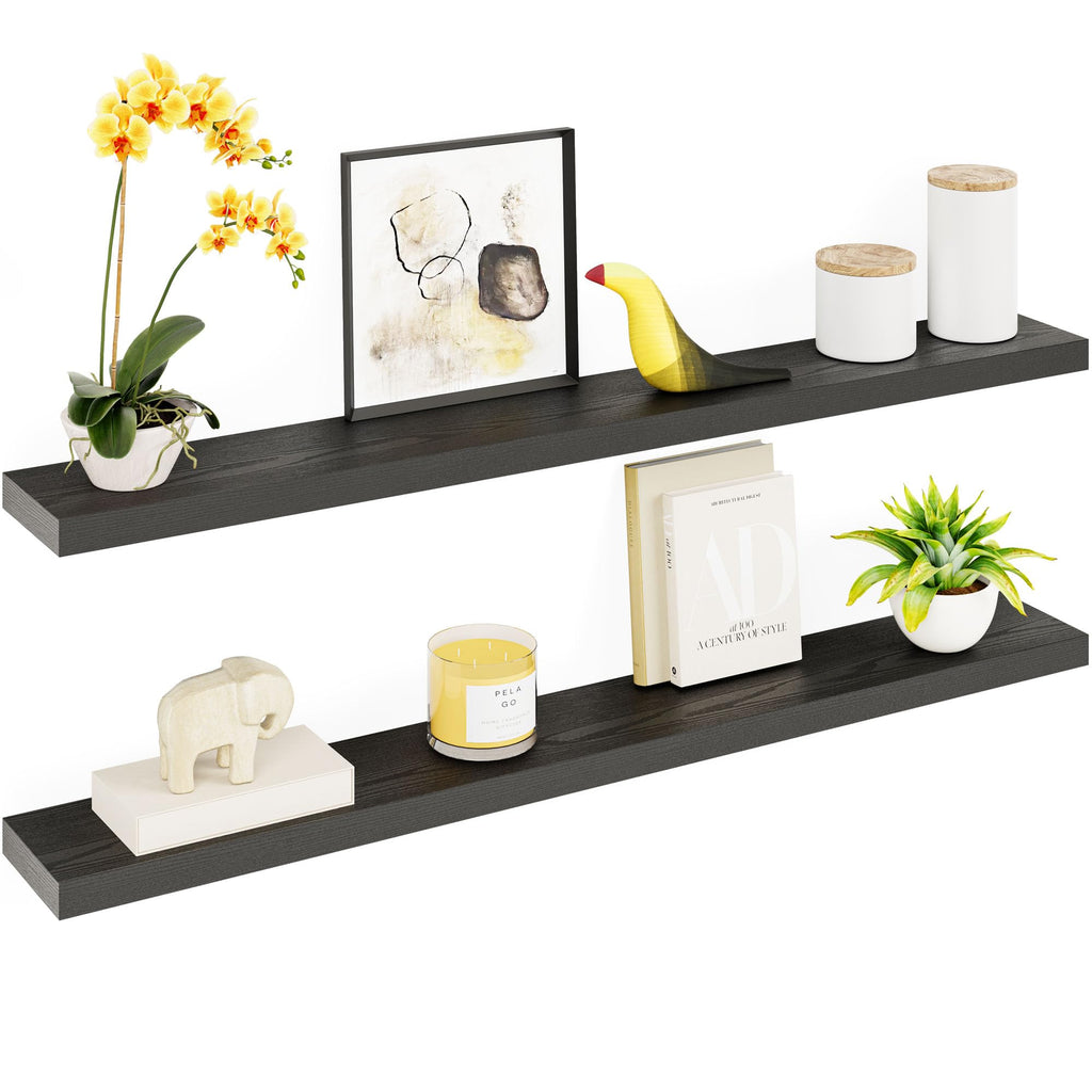 Floating Shelves for Wall, 55 inch 2-Tier Black Shelf, Invisible Brackets, Wood Wall Shelf Organizer, Clearing Clutter
