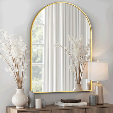 Arched Bathroom Mirror for Wall, 30" x 20" Metal Frame Vanity Mirror, Gold