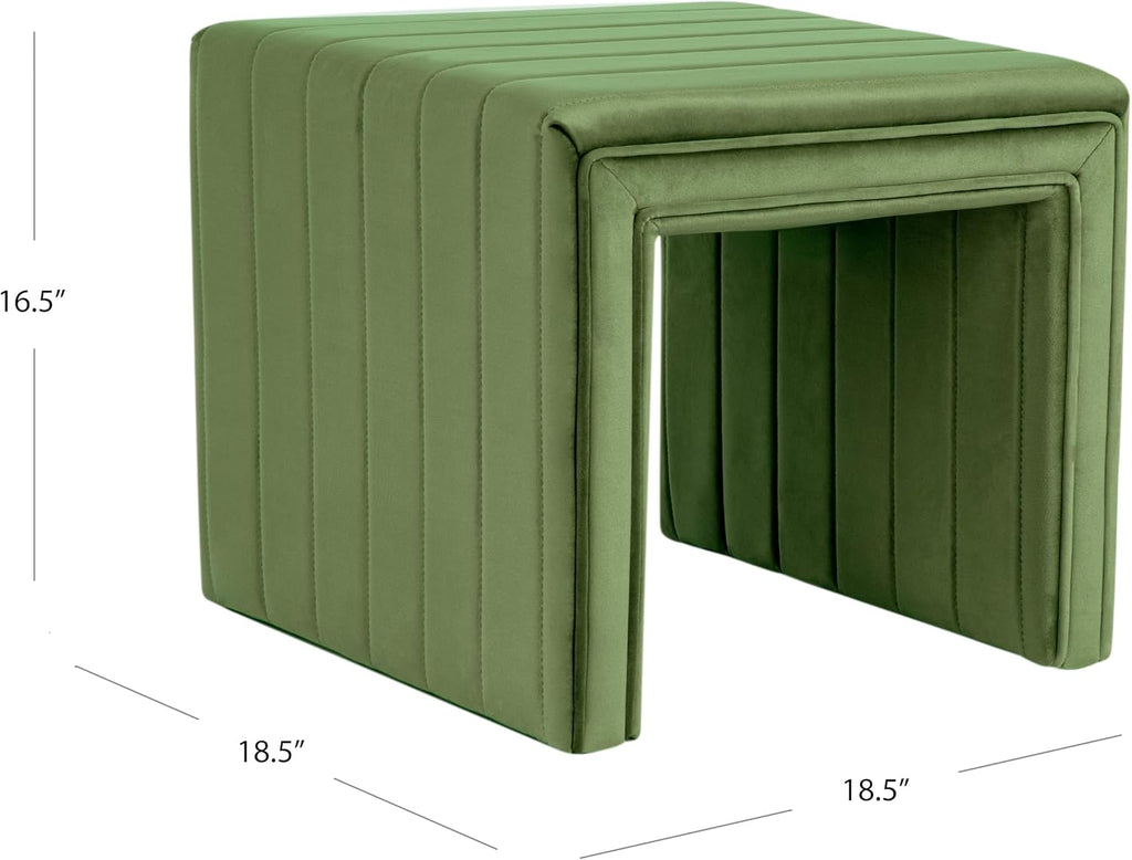 19" Modern Channel Tufted Velvet Ottoman - Green