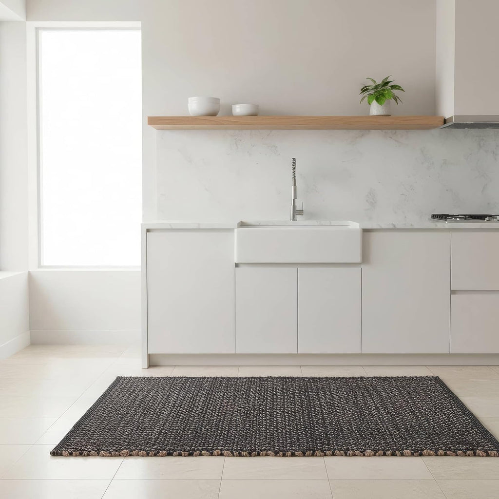 Black 2X3 Jute Rug Braided Construction - Farmhouse Woven Carpet - Mid-Century Modern Floor Covering for Entryway or