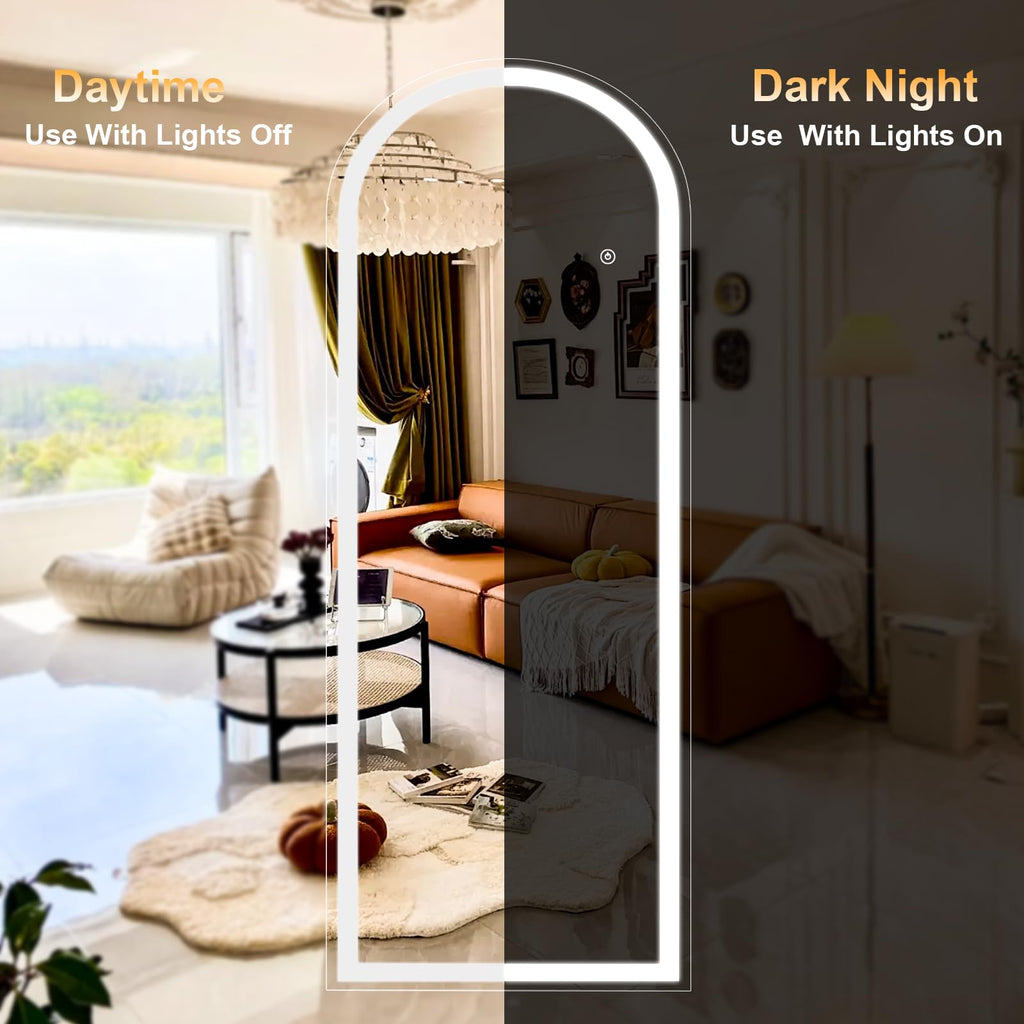 LED White Arched Full Length Mirror - 21" x 64" Adjustable Brightness, Touch Screen Controls, Wall Mounted or